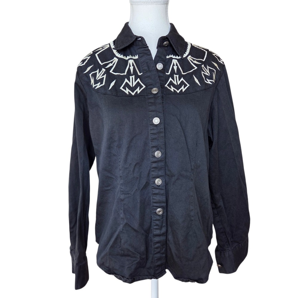 Vintage Panhandle Slim Western Shirt Black Geometric Embroidered Cotton Womens M